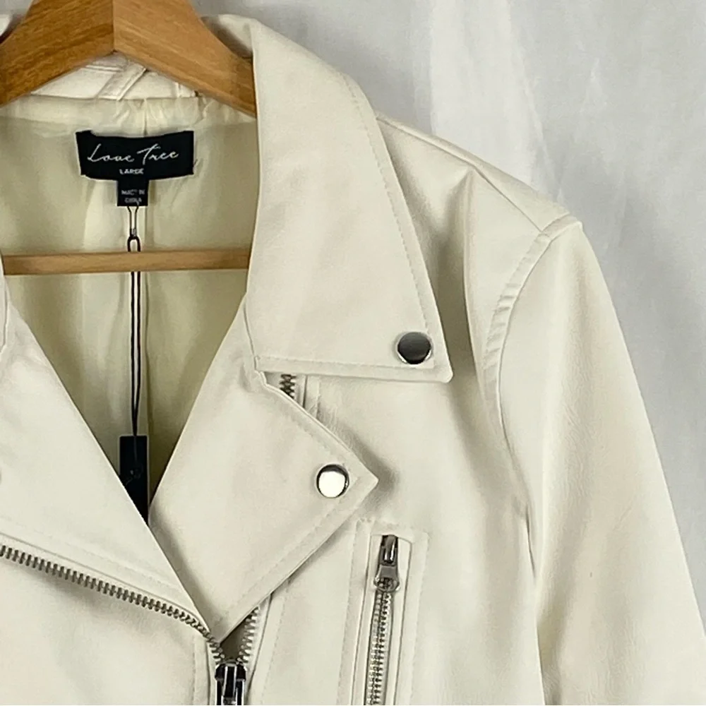 Love Tree White Vegan Leather Moto Zipper Jacket Size Large - Picture 3 of 16